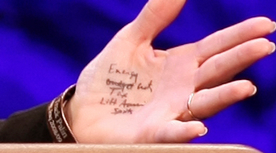 Sarah Palin's crib notes on her palm at the 2010 National Tea Party Convention