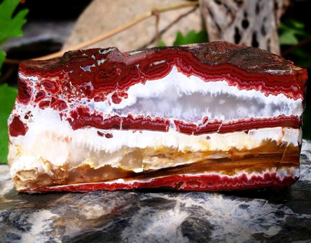 Lies!

The cake is a lie! It's a rock, specifically a striation of red agate, white opal, and botryodial chalcedony